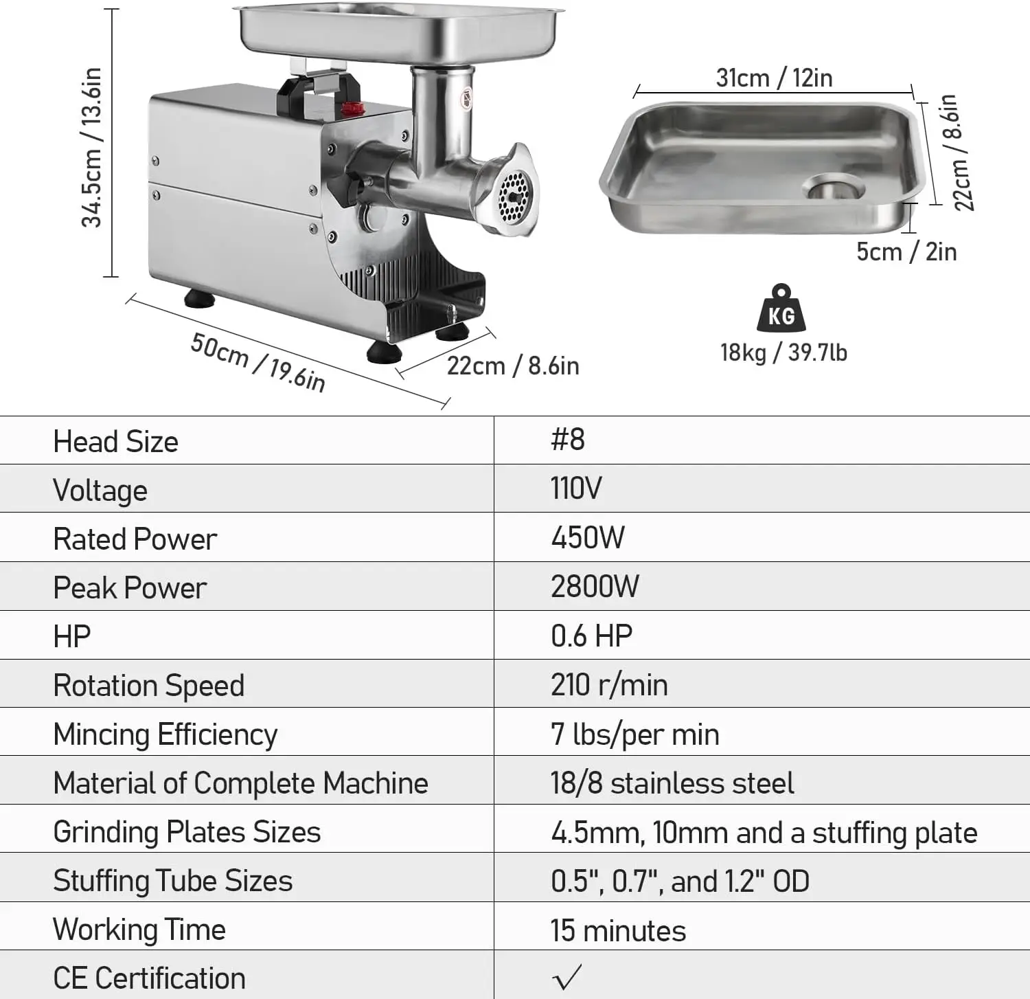 304 Stainless Steel Electric Meat Grinder 2800W Max Meat Grinder Heavy Duty Commercial Meat Grinder #8 6