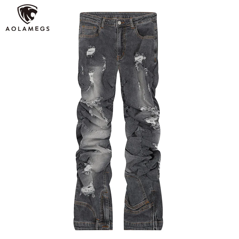 

Vintage High Street Ripped Jeans Distressed Hip Hop Denim Trousers Casual Fashion Streetwear Bottoms Pocket Zipper Design Pants