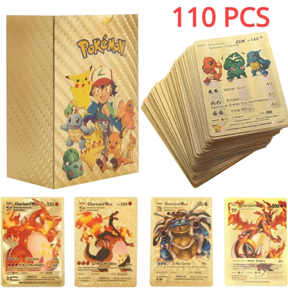 NEW 27-110PCS Cartas Pokemon Gold Cards Spanish English French German Foil Silve Cards Charizard Vmax Gx Game Collection Card