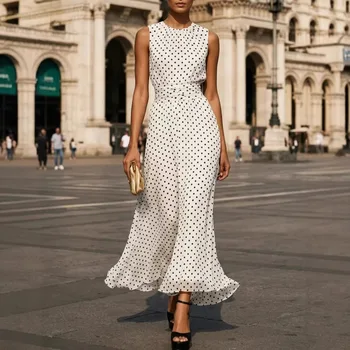 2026 Summer New Style European and American Polka Dot Sleeveless Dress for Women, French Waist Style, Slimming A-line Skirt For 1