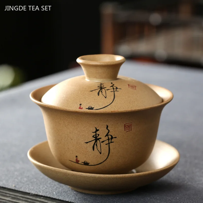 Yixing Purple Clay Gaiwan Teacup Hand Painted Tea Tureen Chinese Retro Tea Set Accessories Tea Ceremony Drinkware Home 140ml