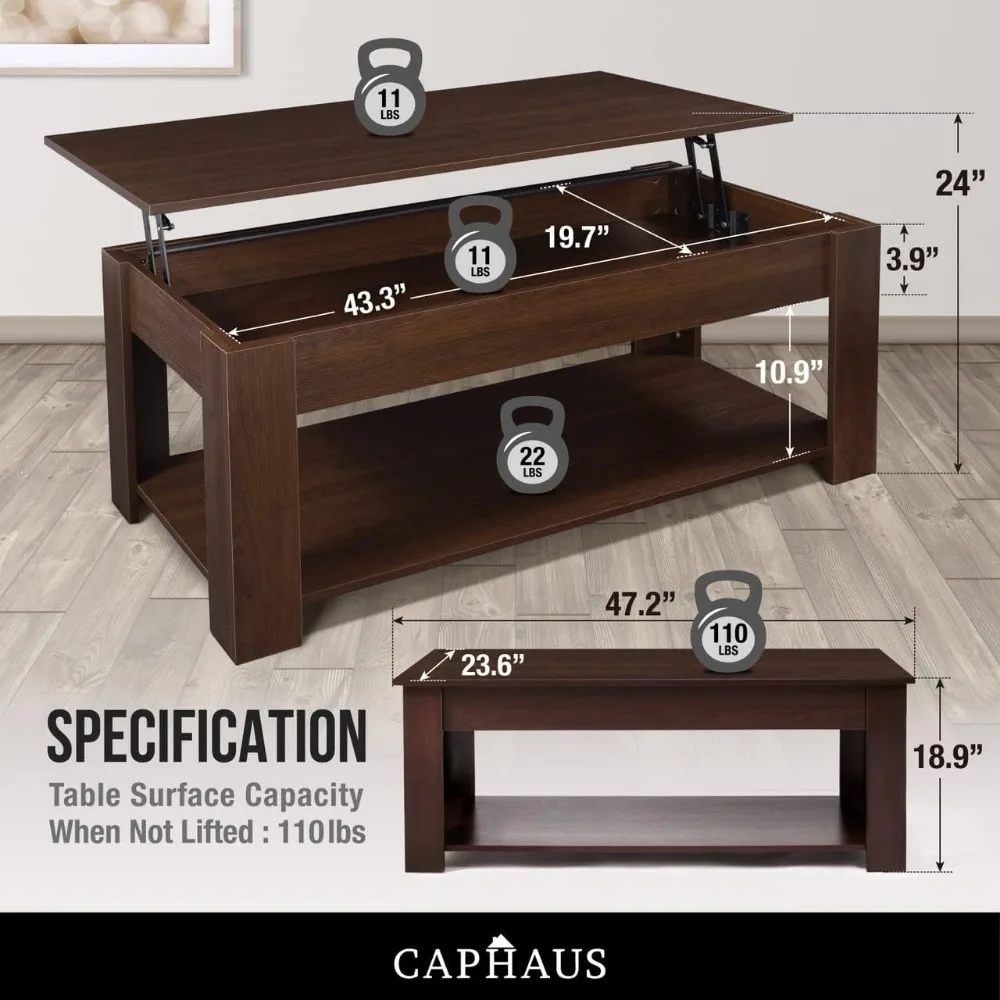 47'' Espresso Lift Top Coffee Table with Hidden Storage Compartment & Lower Shelf, Table Design for Living Room 3
