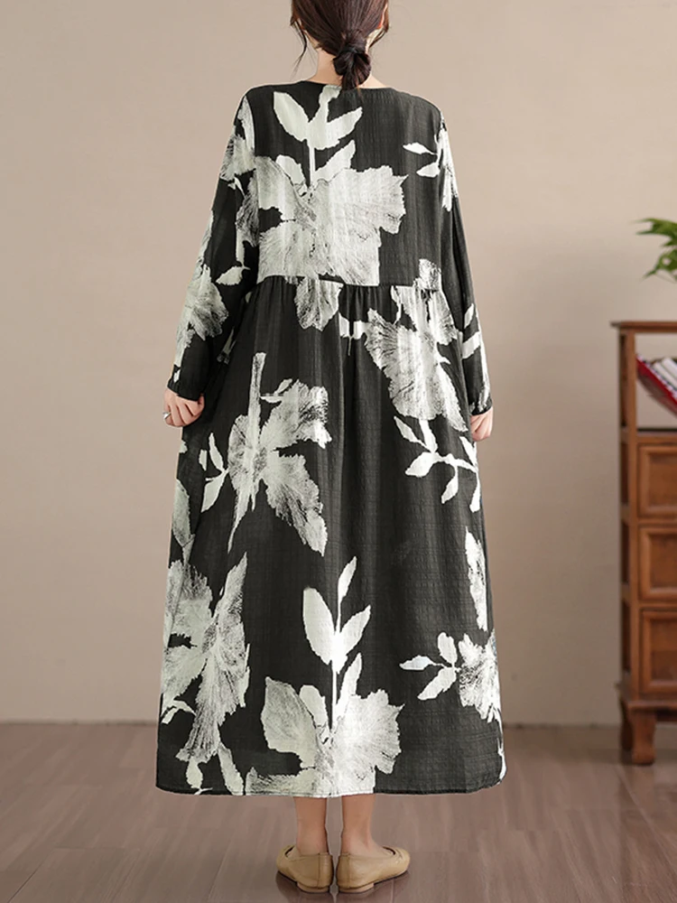 2025 Spring Autumn Cotton Long Sleeve Print Vintage Dresses Women Casual Loose Long Dress Office Lady Vestidos Elegant Clothing