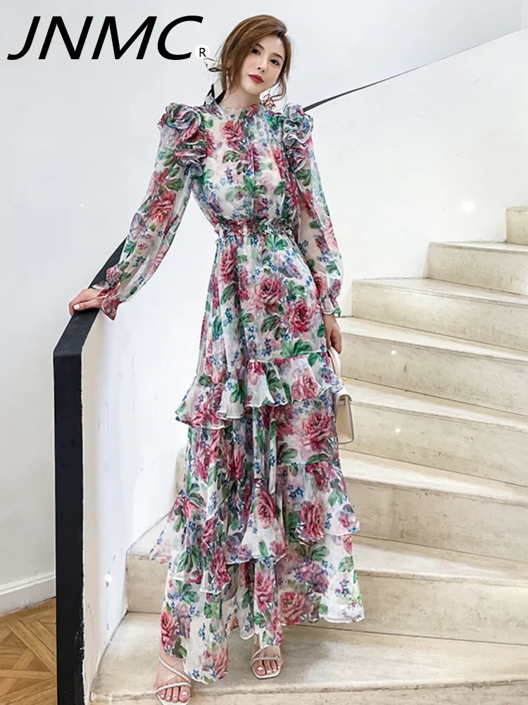 

JNMC Design Sense Pleated Ruffle Edge Floral Fragrances Elegant Fashionable Long Dress For Women 2024 Spring Summer New Model
