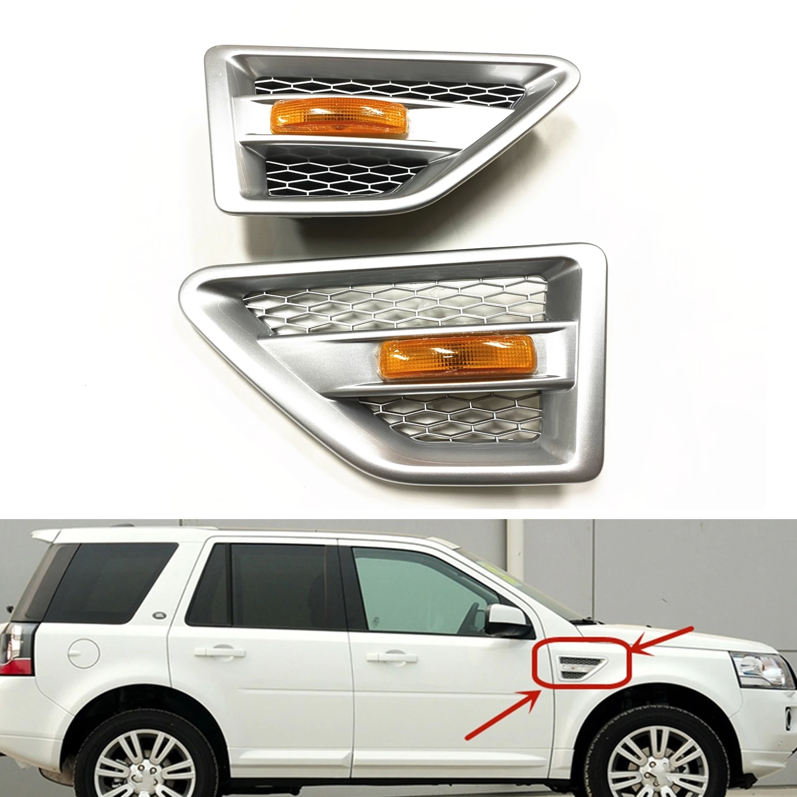 

2pcs Side Air Vent Trim+Light For Land Rover Freelander 2 LR2 2006-2016 Silver Car Body Fender Turn Signal Fog Lamp Cover Frame