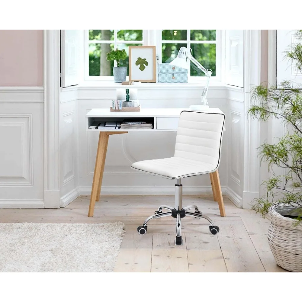Mid Back Vanity Chair,Low Back PU Leather Swivel Computer Desk, Task and Office Chair Retro with Armless Ribbed (White) 2