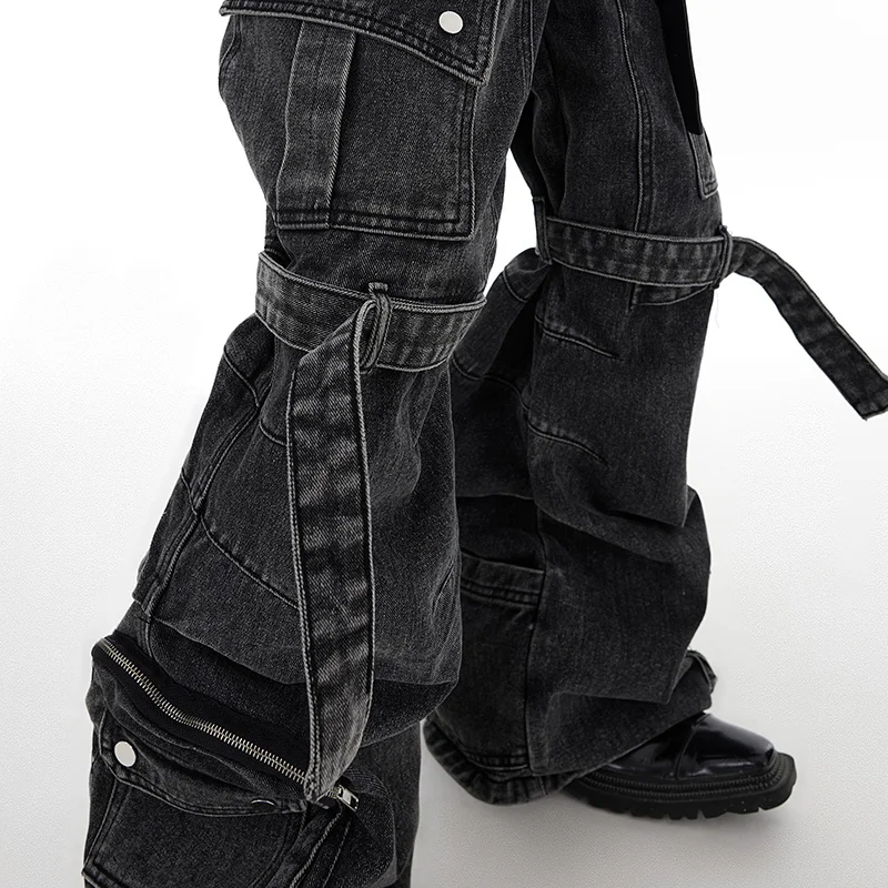 IEFB Multi-pocket Jeans Three-dimensional Lace-up Design Wide-leg Overalls 2024 Autumn Streetwear Black-grey Denim Pants 24X1350 6