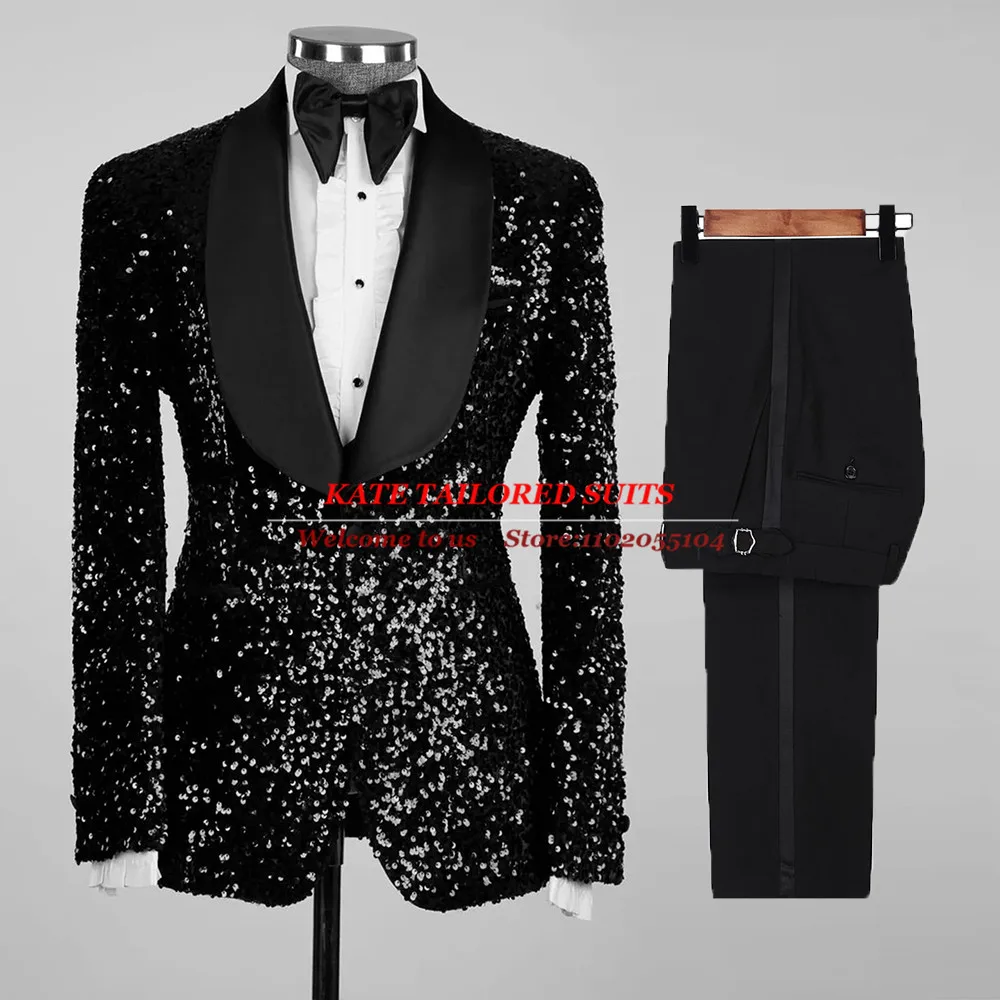 

Fashion Wedding Suit For Men Sparkly Sequins Blazer Black Peaked Laple Groom Tuxedo 3 Pieces Formal Prom Party Jacket Vest Pants