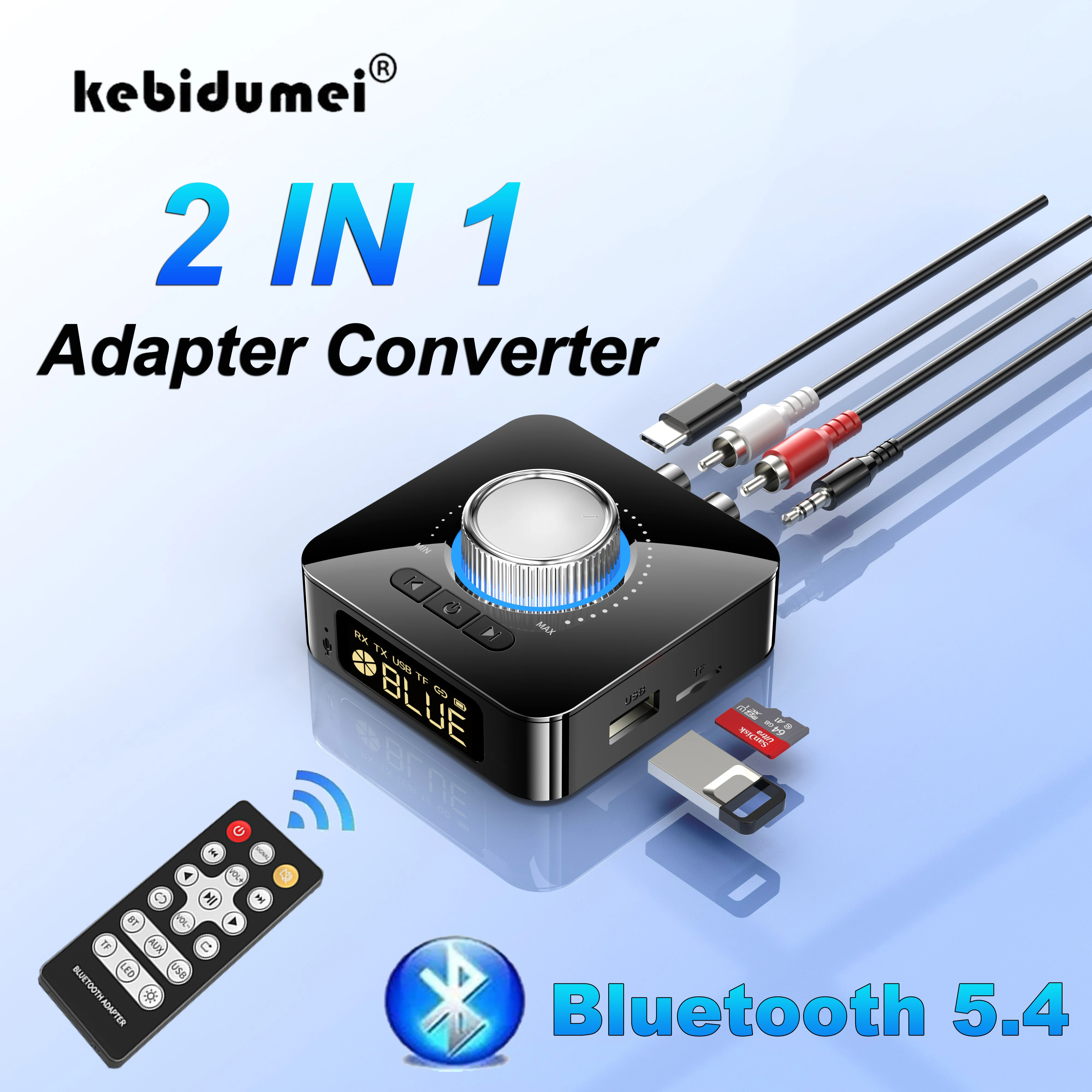 2-in-1 Bluetooth 5.4 Audio Receiver Transmitter AUX/RCA/TF/USB Digital Display Wireless Adapter Converter Remote Control