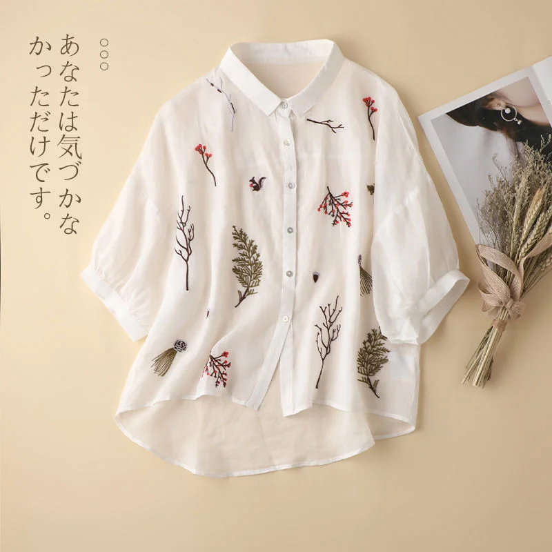 

Cotton and Linen Embroidery Summer Seven-point Sleeved Shirt 2023 New Artistic Women's Loose and Retro Style Lapel Casual Top