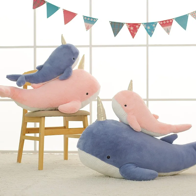 60cm-120cm Narwhal Plush Toy Lovely Unicorn Doll Soft Stuffed Fish Blue Whale With Horn Pillow Christmas Girls Gift Room Decor