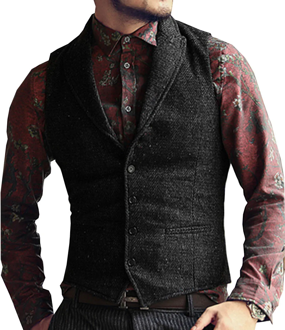 Grey Mens Suit Vest Lapel V Neck Wool Herringbone Casual Formal Business Vest Slim Fit Gilet Waistcoat Groomman For Wedding 6