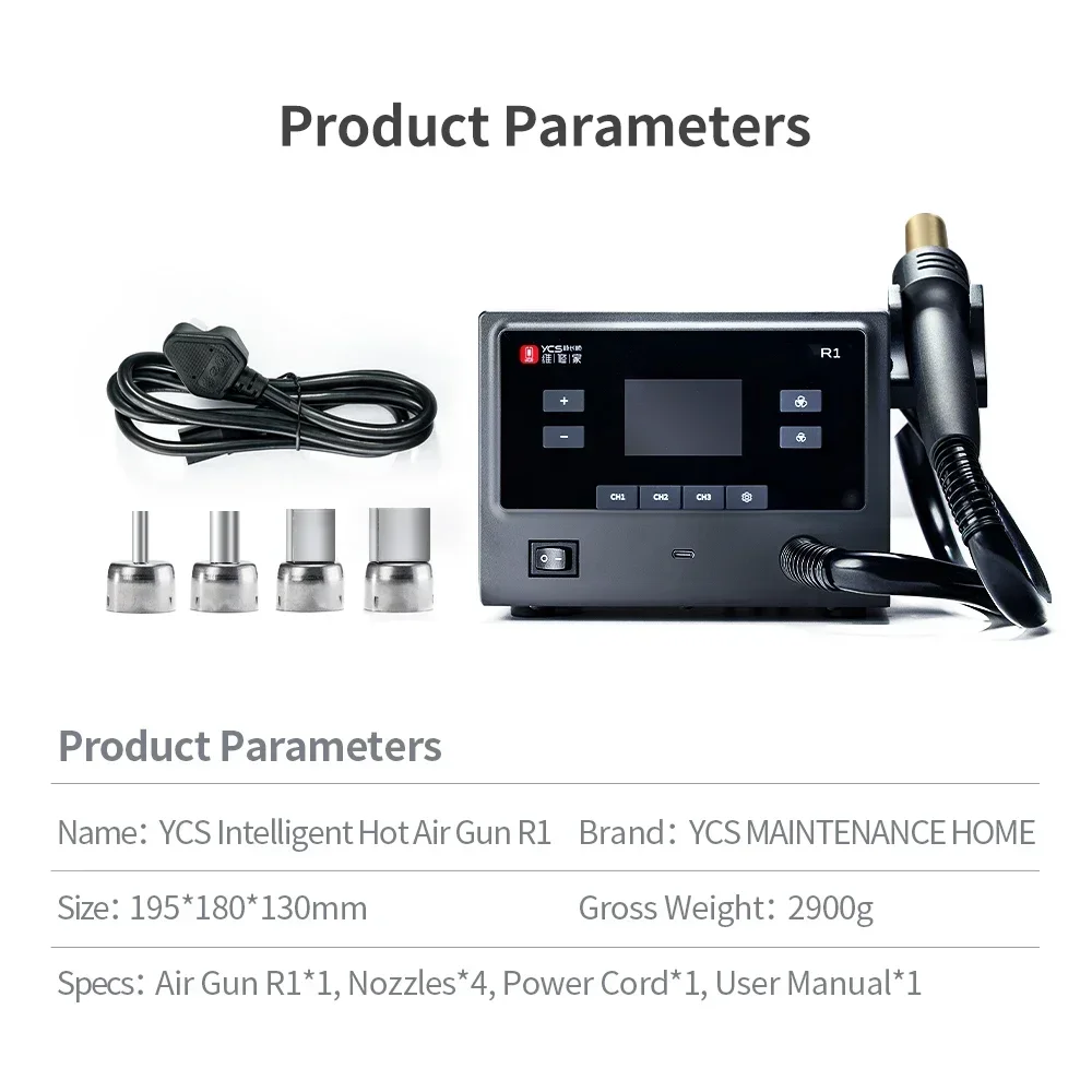 Qianli&YCS R1 지능형 납땜 스테이션 1000W 열풍기, 전자 부품 수리 도구 세트용 4개 노즐 포함