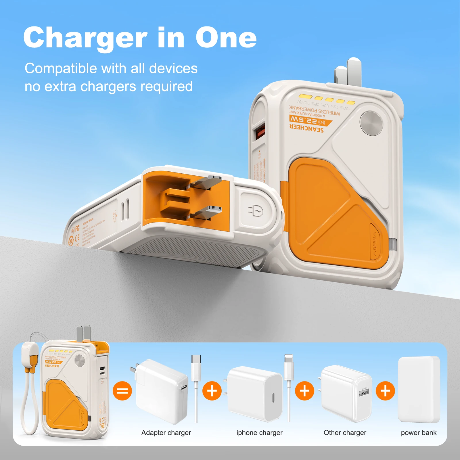 6-in-1 multifunctional power bank magnetic magnetic adsorption for wireless charging, 10000 mAh phone holder 22.5W fast charging 3