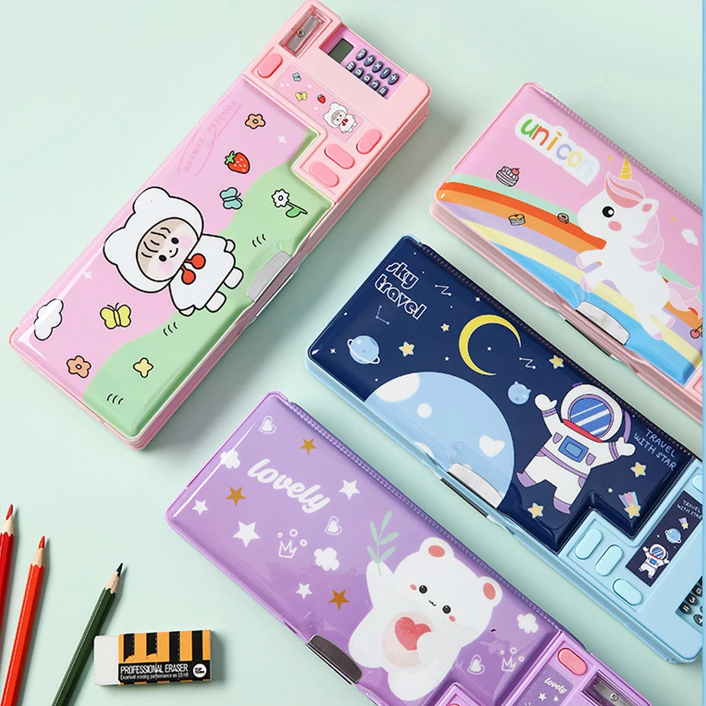 Creative Multi-functional Plastic Stationery Box for Primary School Students Double-sided Magnetic Pencil Calculator Sharpener
