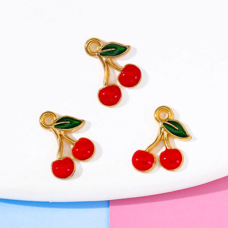 Set of 10 Enamel Strawberry Charms - Gold-Tone Fruit Pendants