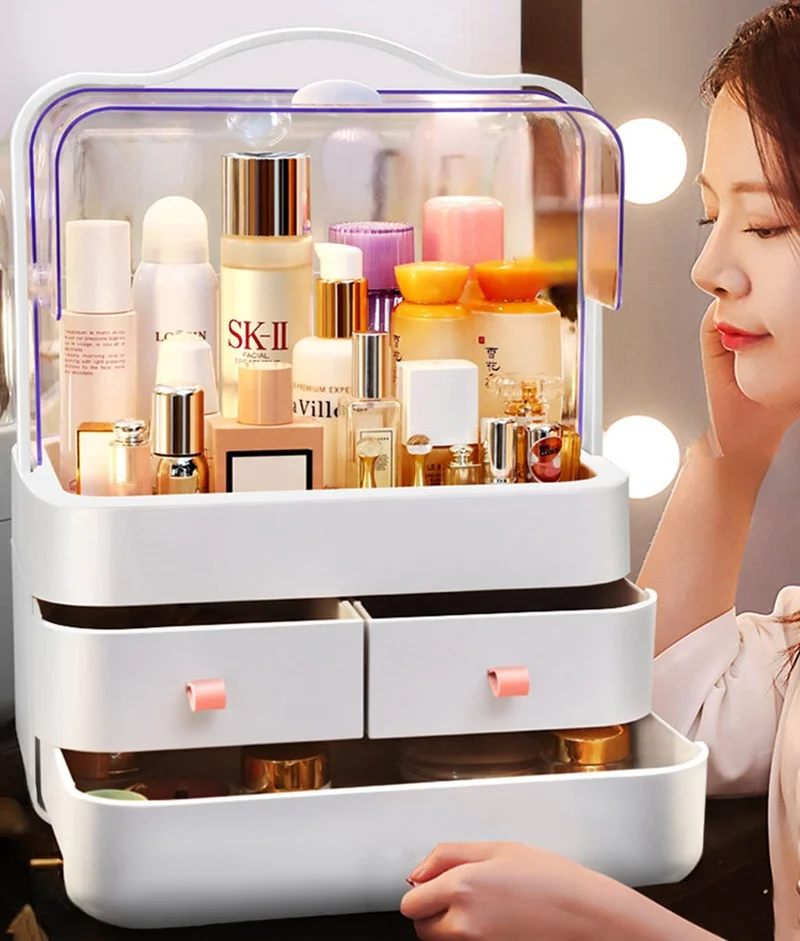 투명 메이크업 방진 화장품 보관 박스 랙, 데스크탑 스킨 케어 제품 립스틱 미용 서랍 휴대용 손잡이 AliExpress