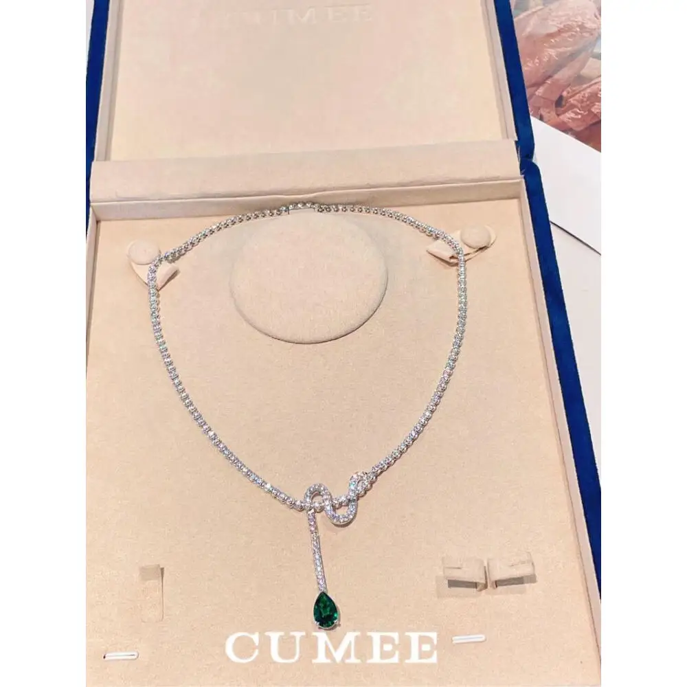 CUMEE 925 Sterling Silver Exquisite Versatile Green pear Lab Created Emerald pendant Necklace with Silver and Gold Plating
