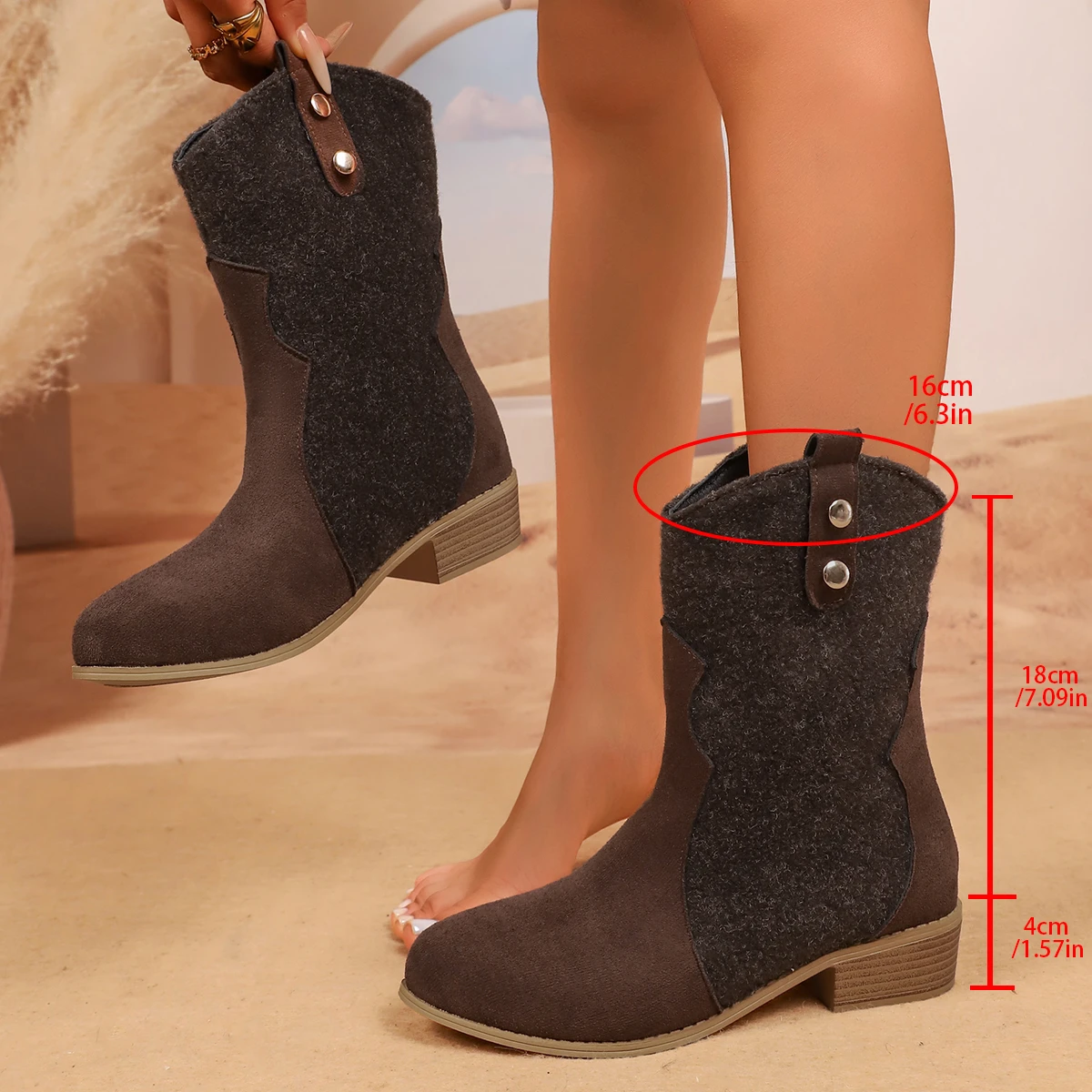 Aphixta Brown Modern Boots Pointed Toe 5cm Square Heel Woman Ankle Boots Slip On Western Boot Autumn Winter Ladies Shoes