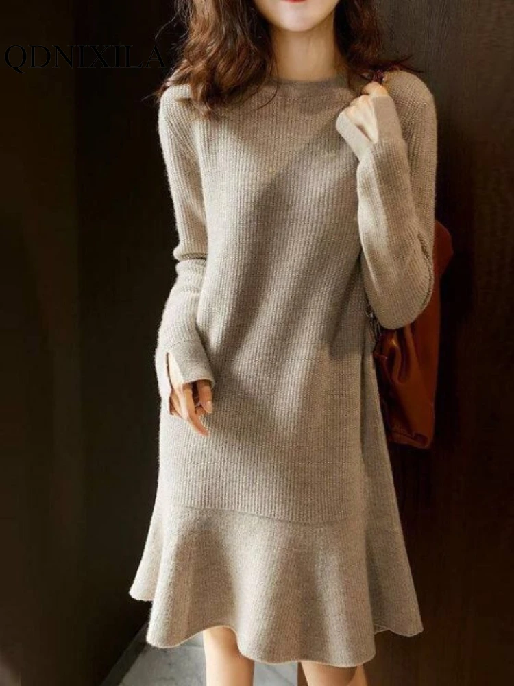 

Womens Dresses Sweater Skirt Autumn Winter Woman Clothing 2023 New in Knitted Sweater Round Neck Long-sleeved One Piece Dress