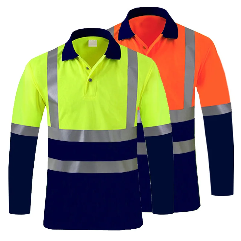 

Summer Quick Dry Shirt Hi Vis Workwear Contrast Color Safety Long Sleeve Polo Shirt Reflective Work Tops For Working