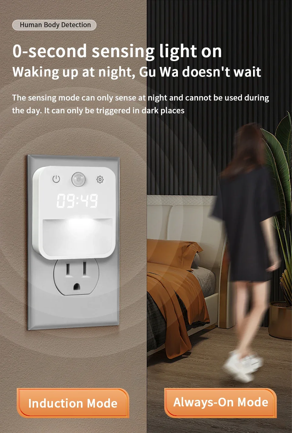 EU Standard Socket Human Sensing Light LED Corridor Sensing Night Light Unlimited Dimming Tri Color Switching with Clock Display