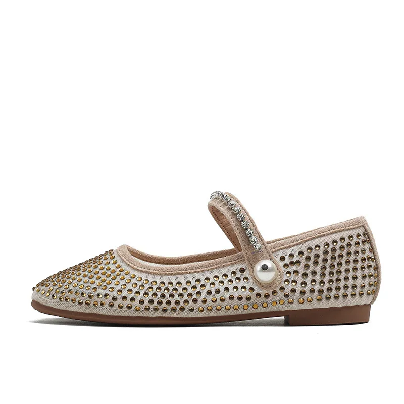 2025 Summer New Full Diamond Retro French Square Headed Mary Jane Women's Shoes Shallow Mouth Pearl Flat Bottom Grandma's Shoes 6
