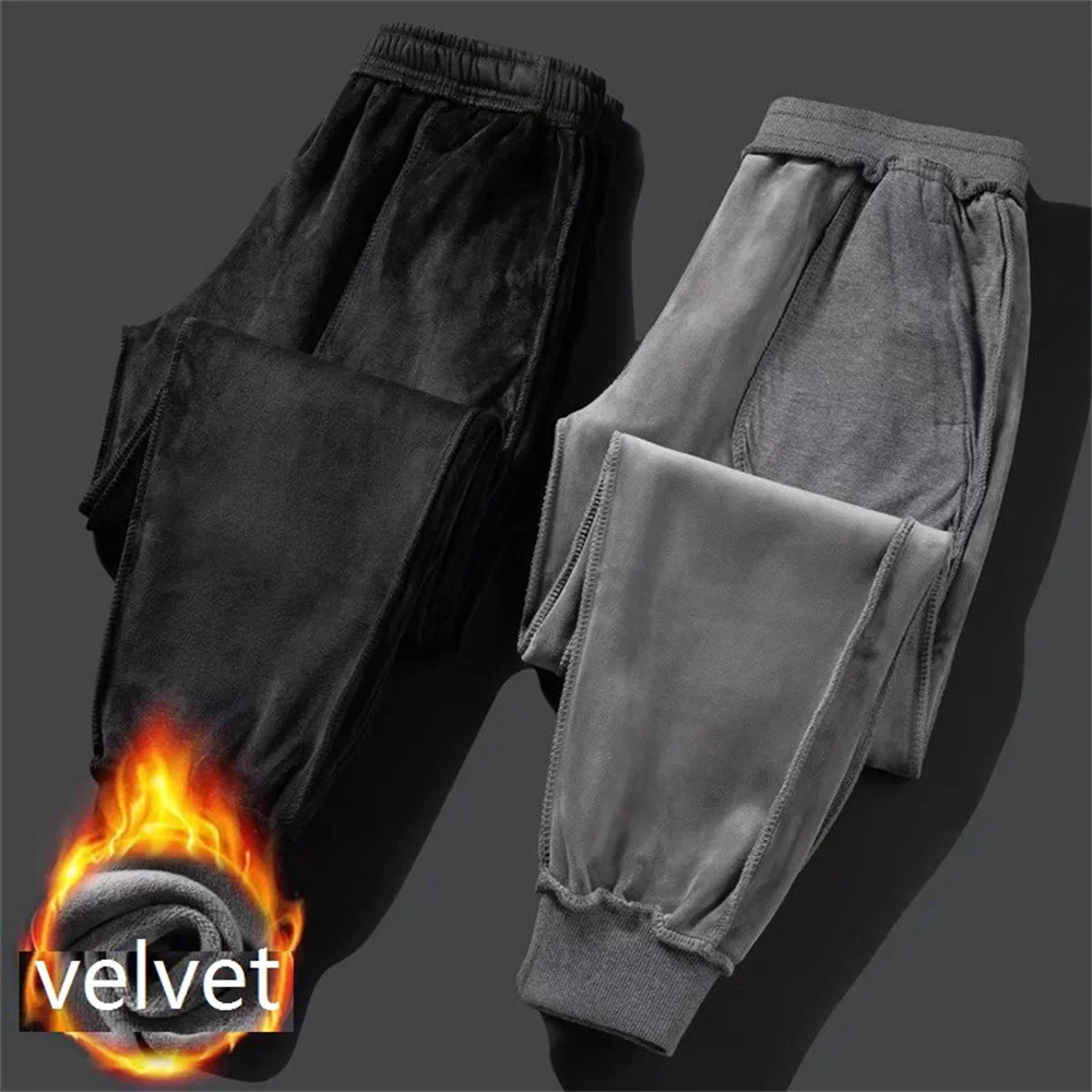 Winter Pants Men Fur Lined Joggers Thick Sweatpants Drawstring Trousers Men Fleece Running Pants Warm Velvet Ankle-Tied Pants