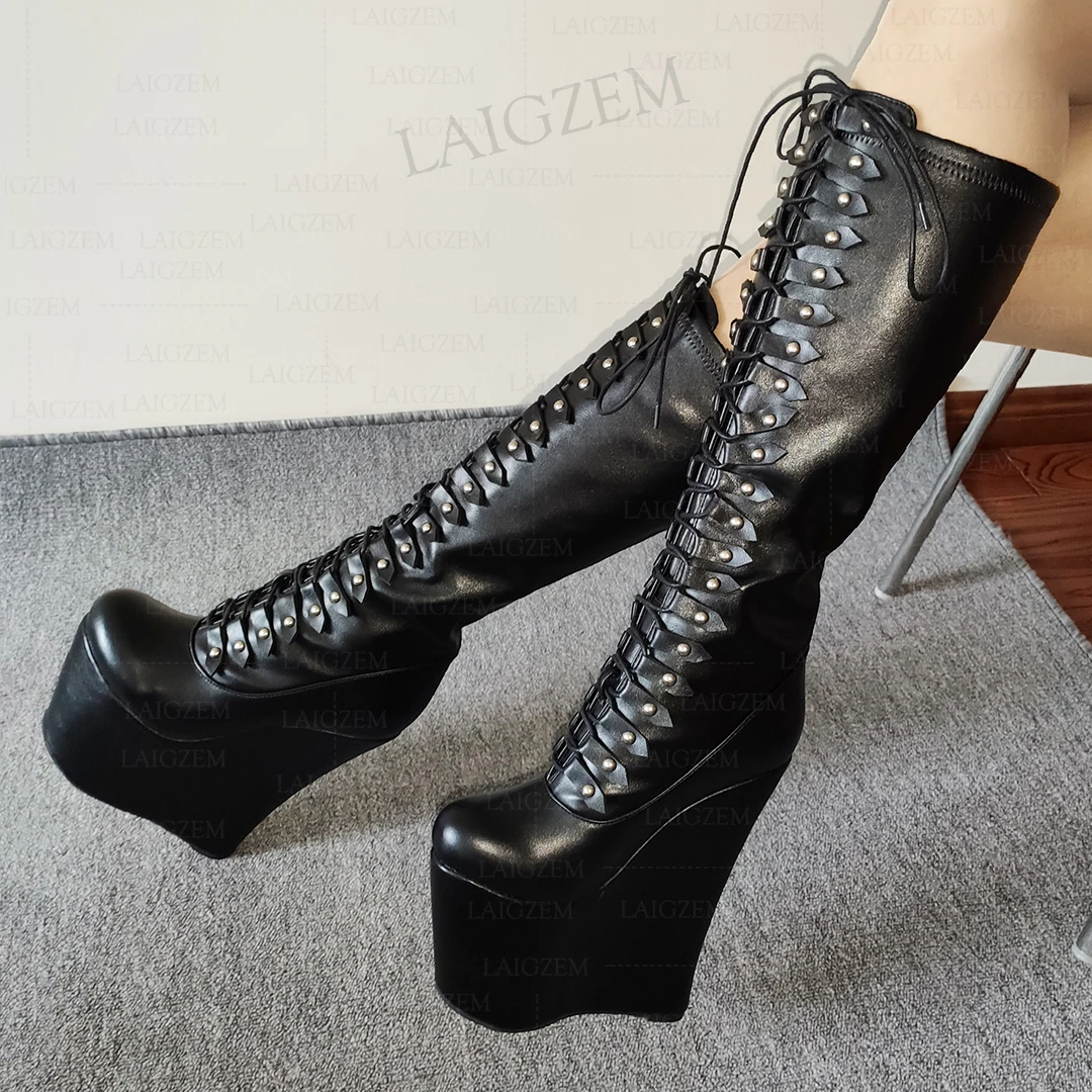 LAIGZEM 여성용 무릎 높이 부츠 플랫폼 웨지, 20cm 하이힐, 레이스업 키 부츠, 신장 증가 신발, 여성 빅 사이즈 43 45 48