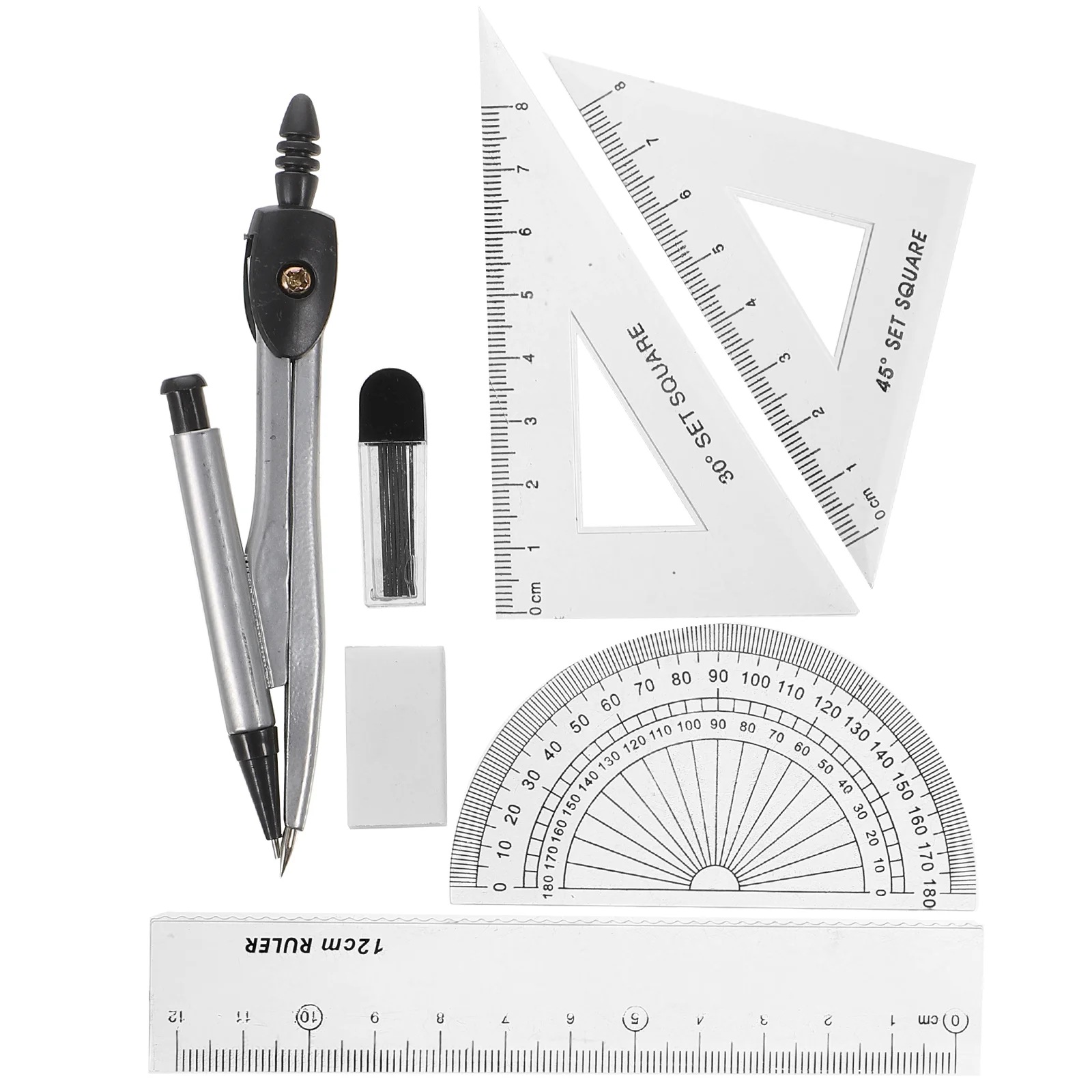 

Compasses Set Geometry Drawing Tool with Protractor Divider Ruler Pencil Lead Eraser