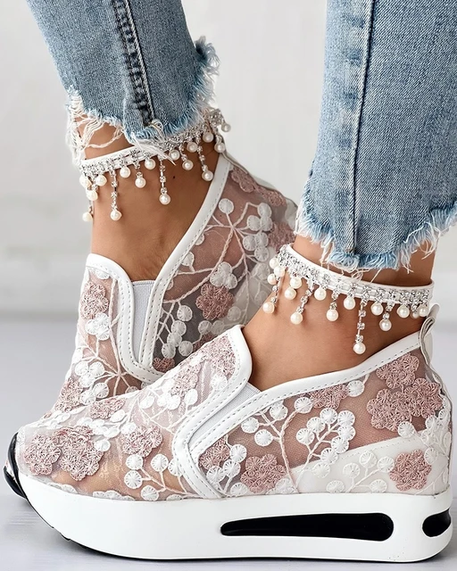 Floral Embroidery Breathable Sheer Mesh Sneakers, Embroidery Floral Mesh  Lace Chunky Sole Hidden High Heels,Lace Mesh Casual Shoes