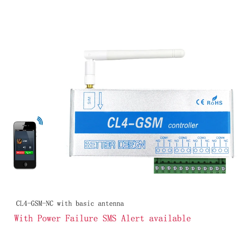 

SMS GSM 4ch remote Relay Switch Controller CL4-GSM Gate Door Opener Support Temperature Humidity Monitor Power Fail Alarm