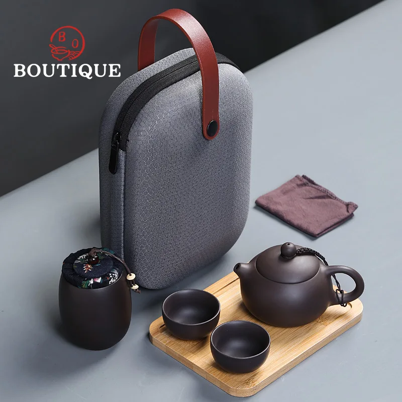 Purple Clay Tea Cups Ceramic Portable Teapot Set Outdoor Travel Zisha Tea Cups Ceremony Teacup Fine Gift Kung Fu Teaware Set