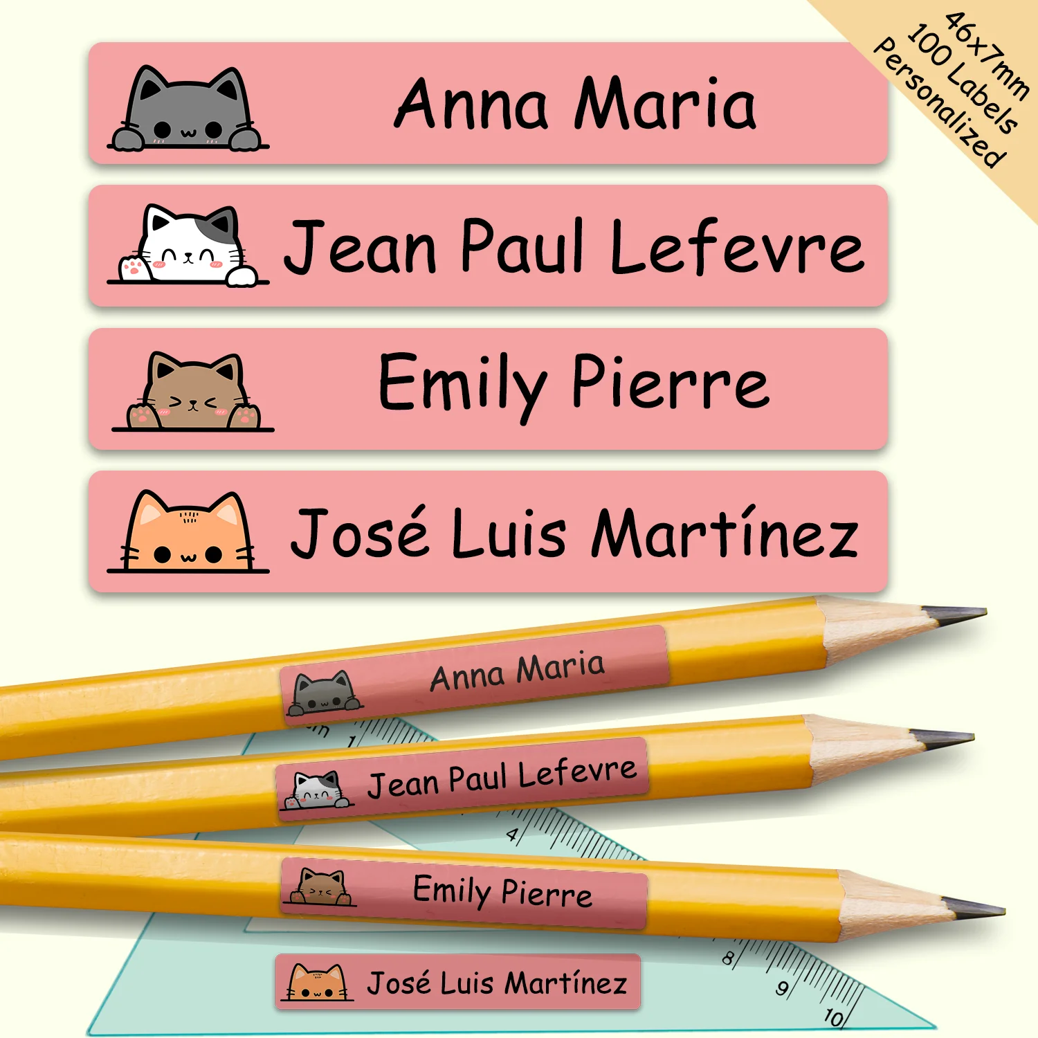 100 قطعة تسميات اسم قلم رصاص شخصية الاطفال القطط لطيف مقاوم للماء قشر عصا ملصقات مخصصة مدرسة الرعاية النهارية مخيم الحضانة العلامات