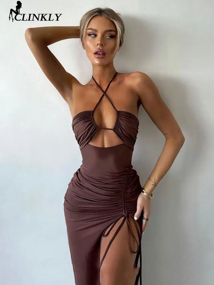 

Clinkly Hot Summer Sexy Halter Backless Sleeveless Cut Out Maxi Dress for Women Elegant Club Party Slit Dresses Vestido