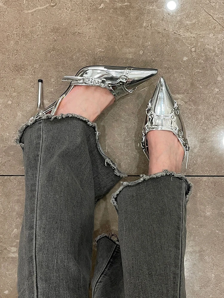 

Silver Rivet Pointed Toe Sexy Buckle Sandals Lady Patent Leather Cover Toe Sandals Women Slingback Shoes Dress 2023 Design New