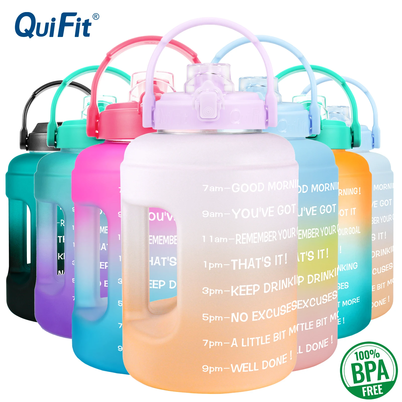 QuiFit Gallon Sport Water Bottle with Motivational Time Marker BPA-Free Reusable Wide Mouth Opening Easy to Fill,128/83 Ounce for Measuring Your Daily Water Intake 