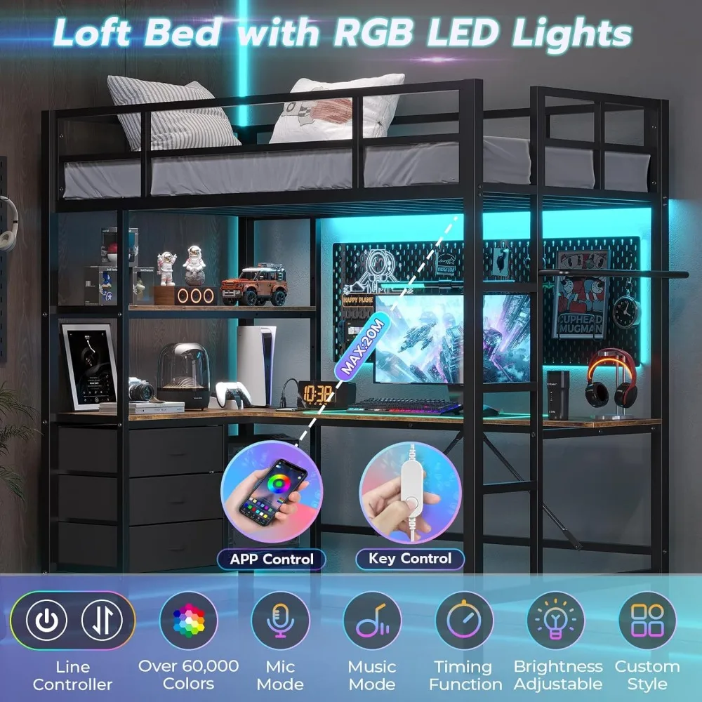 Twin Loft Bed with L-Shaped Desk, LED Lights, 3 Storage Shelves and 3 Fabric Drawers, Charging Station LED Loft Bed Frame 2