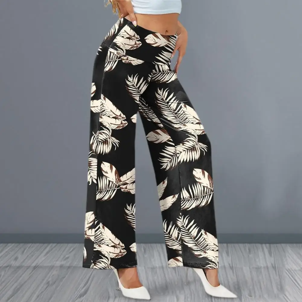 

Women Leaf Print Casual Pants Elastic High Waistband Straight Wide Leg Long Pants Stretchy Office Trousers Streetwear