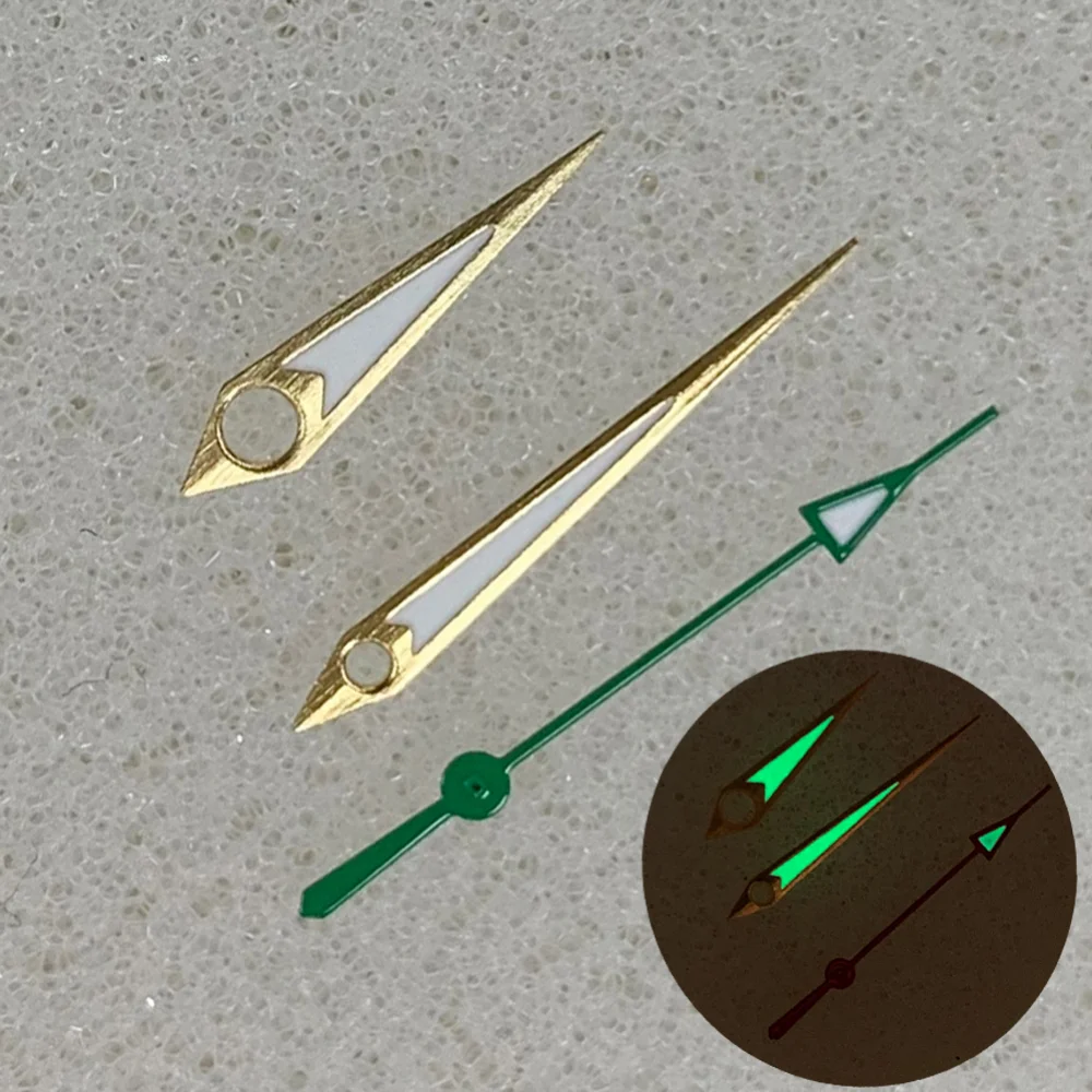 Green Luminous Watch Hands with Gold and Silver Trim and Colorful Second Hands