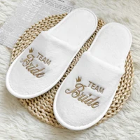 Bridal Party Slippers Set, Close-toe With Golden & Pink Embroidery, Lightweight Plush Cozy Flats, Non-slip Soft Sole For Bride