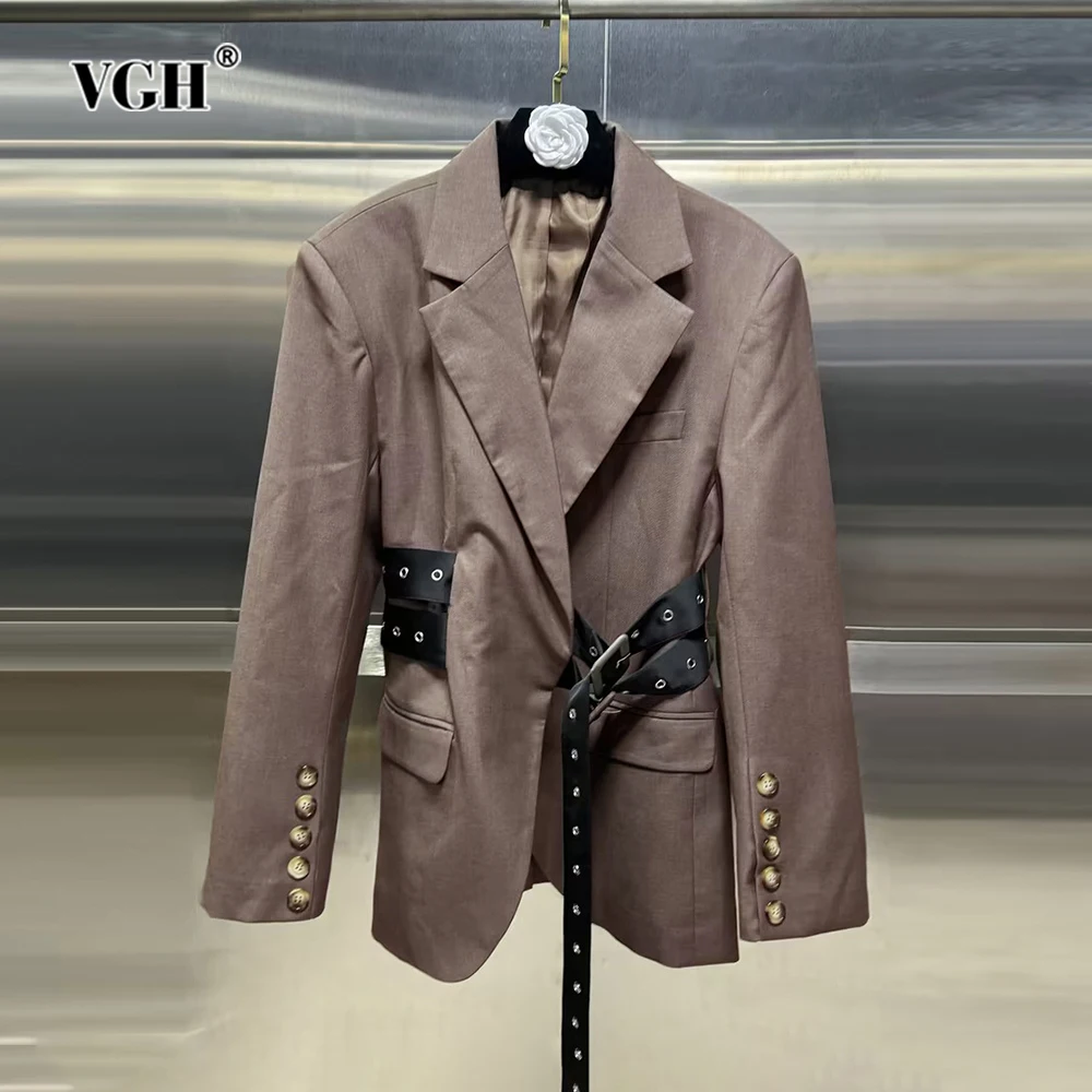 

VGH Temperament Patchwork Button Solid Blazers For Women Notched Collar Long Sleeve Spliced Belt Slimmming Blazer Female Style