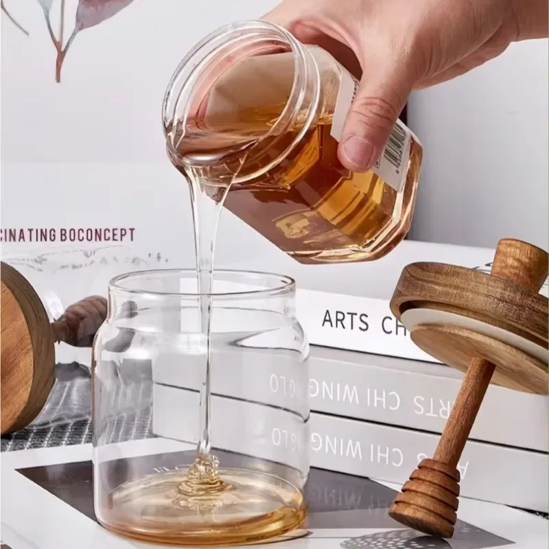 Honey Storage Jar with Wooden Lid, Glass Honey Dispenser Pot Built-in Stirrer for Storing Jam, Kitchen Food Storage Container 3