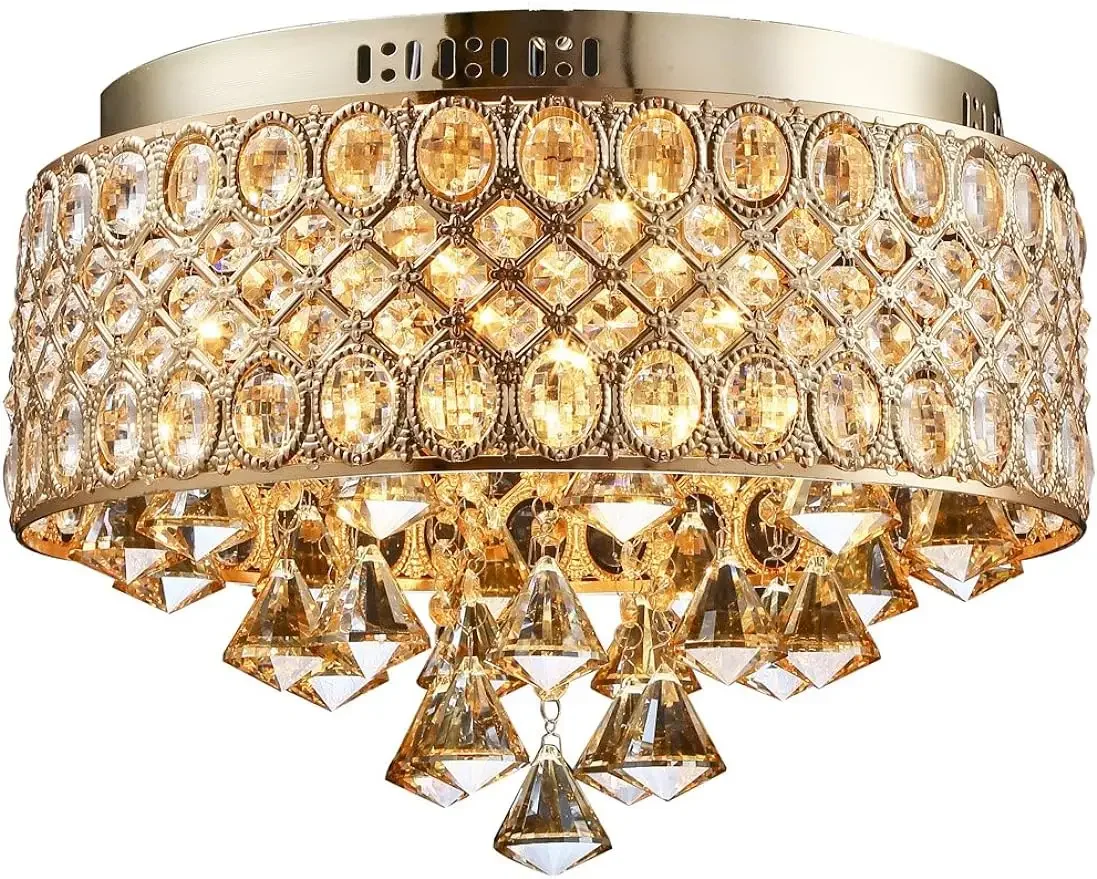 

Modern Crystal Chandelier Gold Flush Mount Ceiling Light Luxury Crystal Drum Chandelier Diamond Shade Ceiling Light for