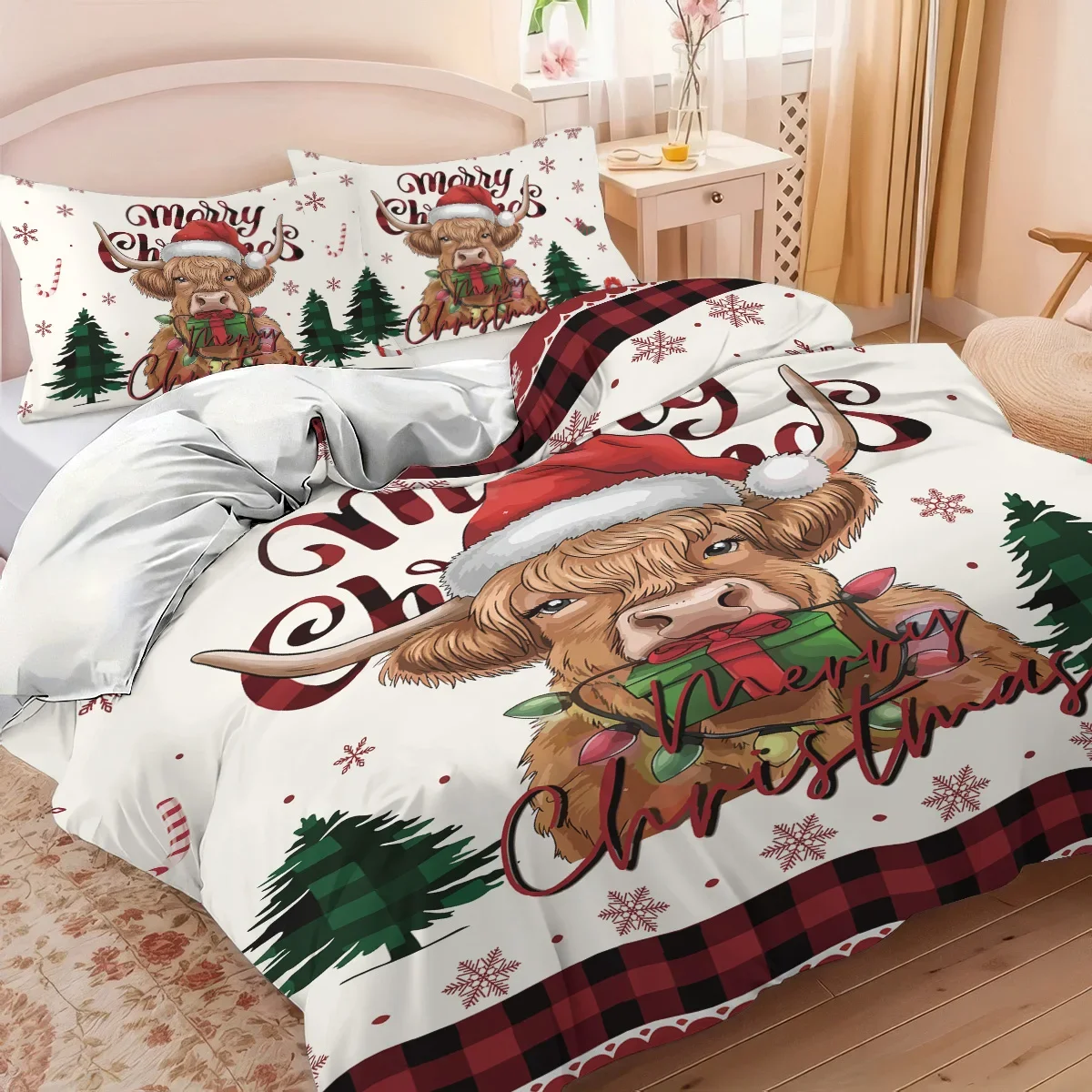 3pc Christmas Highland Cow Print Coreless Holiday Bedding Set Soft Comfortable Bedroom Dormitory Multiple Sizes Machine Washable