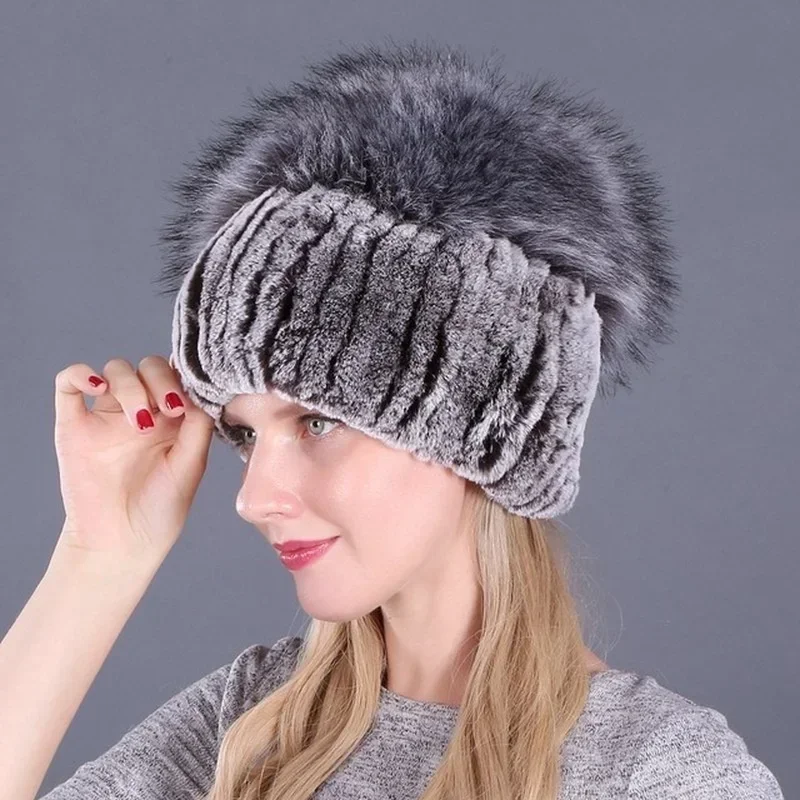 

Women Fur Hat for Winter Faux Rabbit Cap Russian Style Knitted Wool Female Headgear Outdoor Warm Earmuff Beanies Outdoor Caps