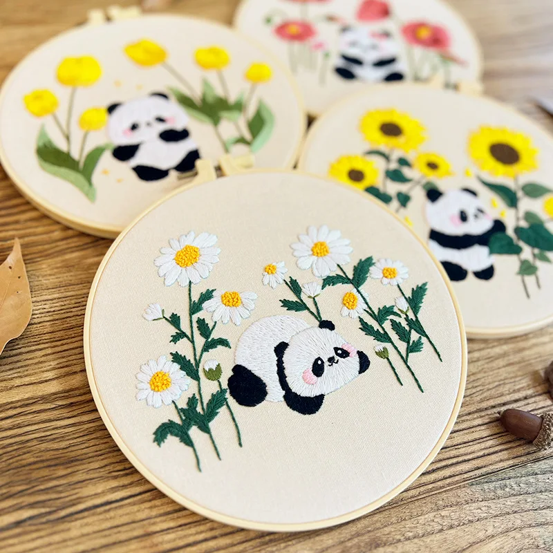 Embroidery Starter Kits Panda Flowers Pattern Instructions Color Threads Needles for Beginners embroidery kits