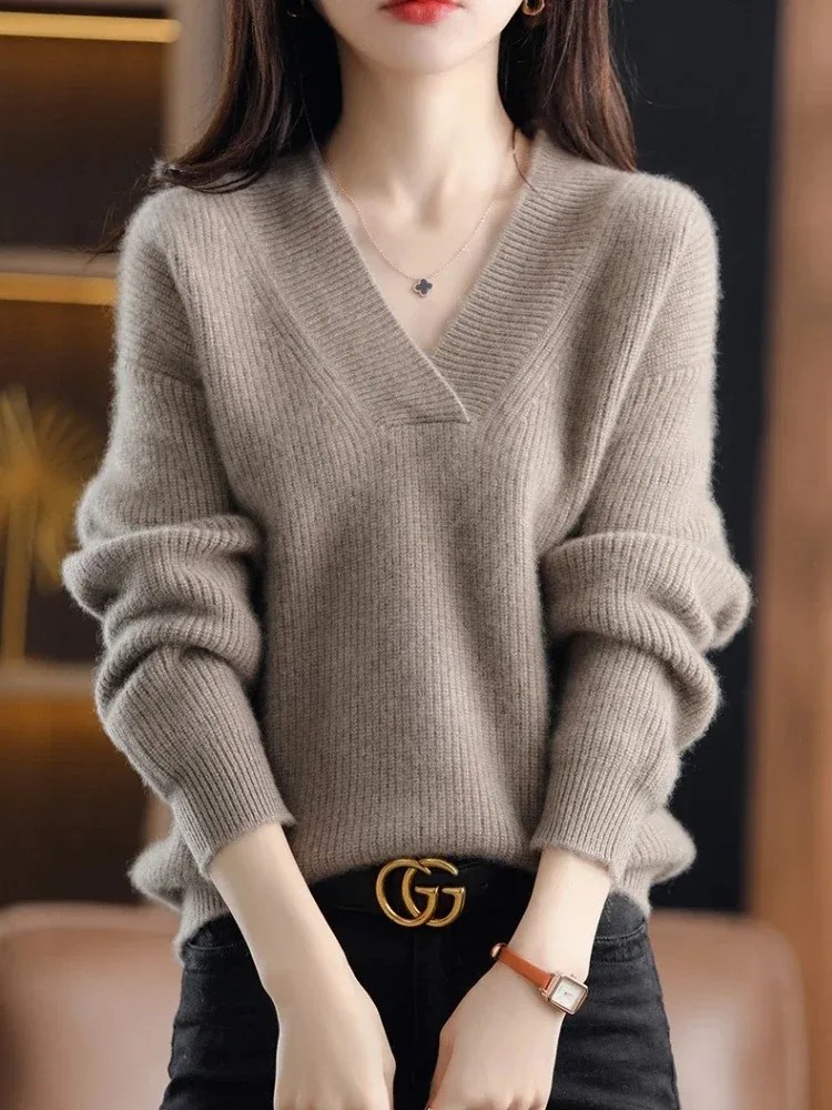 Women Long Sleeve Knitted Sweater V Neck Winter Casual