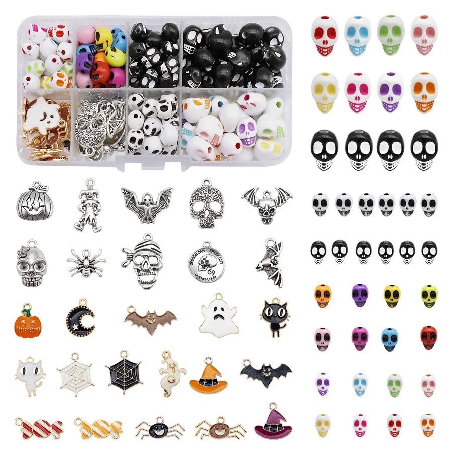 

Julie Wang 142PCS/Box Halloween Set Resin Skull Beads And Alloy Enamel Charms Bracelet Jewelry Making Accessory Findings Crafts
