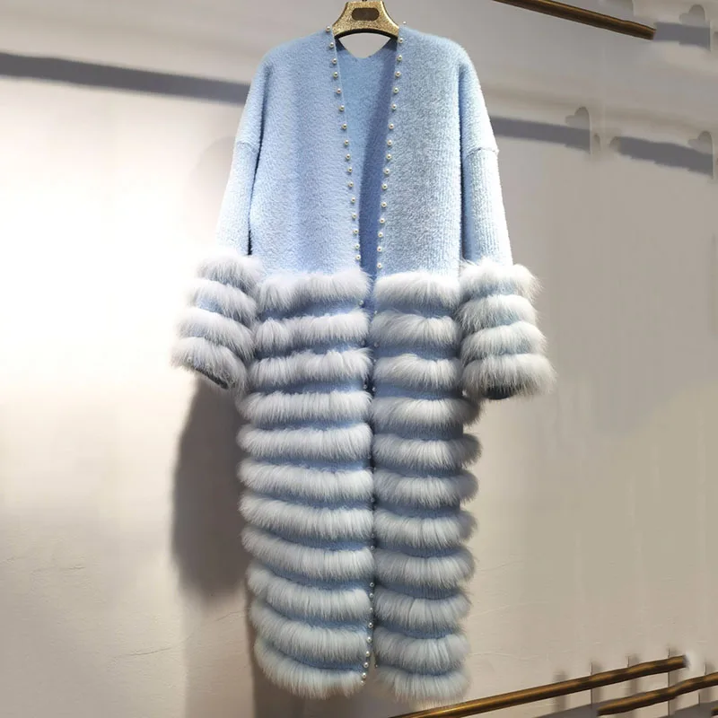 Women Autumn Knitted Long Cardigan Coat With Real Fox Fur Stripe Fashion Loose Long Sleeve Warm Jacket Outwear With Genuine Fur